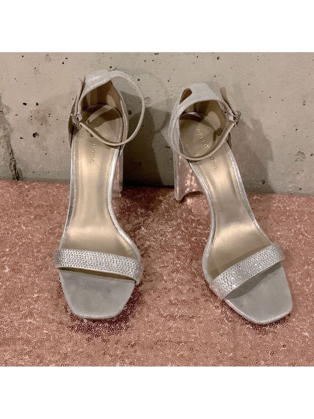 PELLE MODA SILVER ANKLE STRAP OPEN-TOE SHOES W/RHINESTONE ACCENTS - 9.5